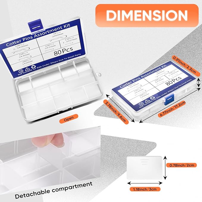 80Pcs Hitch Pin,6 Sizes Hardware Cotter Pins Clip Assortment Kit - 304 Stainless Steel R Hairpin Cotter Fastener Clip Suitable for Truck and Engine Maintenance, Hanging Needle Lock System