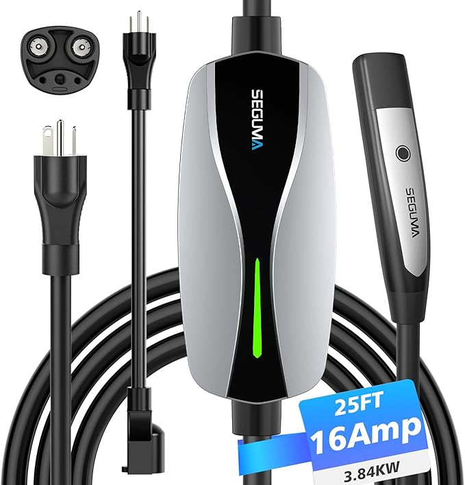 Portable Level 1/2 EV Charger for Tesla, 12A/16A, Electrical Car Mobile Charger 25FT Extension Cable with 240V NEMA 6-20 Plug, 120V NEMA 5-15 Adapter, NACS Home Wall Connector for Tesla Model-Y/3/S/X