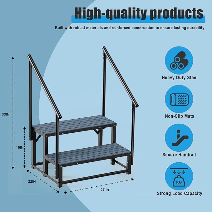 RV Steps with 2 Handrail, 2-Step Heavy Duty Hot Tub Steps, Non-Slip Outdoor Spa Steps for RV, Camper, Trailer, Mobile Home, Porch, Portable Ladder Stairs with Anti-Slip Mats (‎2 Steps with 2 Handrail)