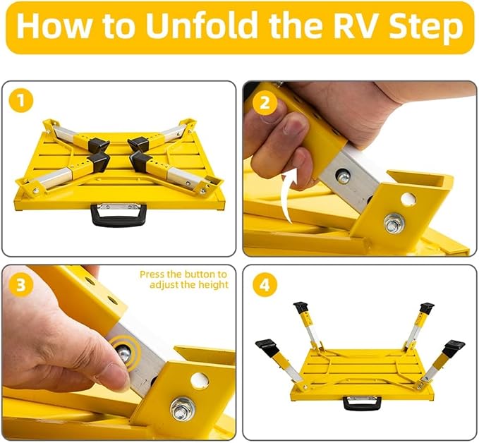 Homeon Wheels Aluminium RV Steps Adjustable Folding Step Stool with Non-Slip Rubber Feet, Stable Platform Supports 1500bs, Safety Strips, Handle, Easy Carry, Outdoor Camper Trailer Travel - Yellow