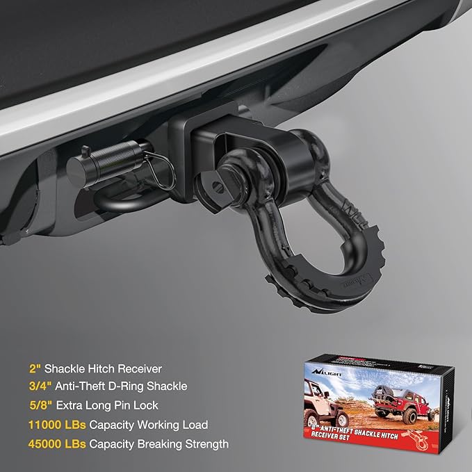 Nilight Anti-Theft Shackle Hitch Receiver 2Inch 45000 LBs Breaking Strength 3/4" Anti-Theft D Ring Shackle 5/8" Trailer Hitch Lock Pin Heavy Duty Solid Towing Kit for Trucks Off Road (Black)