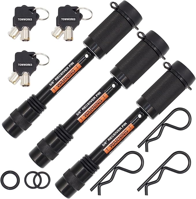 79633 Keyed Alike 5/8" Trailer Hitch Lock Set with Extra Long 3-1/4" Span, Double Safety Tow Hitch Receiver Locking Pin for Class III IV Hitches with 2" and 2.5" Receivers, 3-Pack