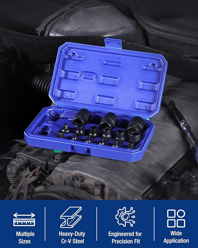 WORKPRO 17 PCS E-Torx Socket Set, Premium CR-V Female Star Sockets E4–E24, 1/4", 3/8", 1/2" Drive, Precision Inverted Torx Socket with Storage Case for Auto, Engine, and Mechanical Repair