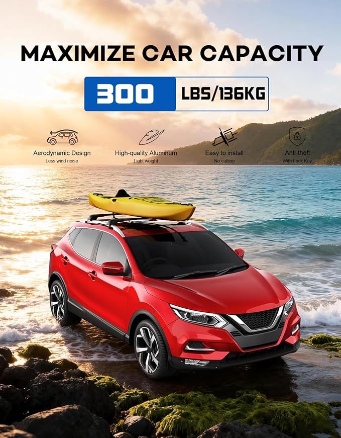 300lbs Roof Rack Cross Bars Compatible with Nissan Rogue 2014-2020 (with Raised Side Rails), Heavy Duty Aluminum Lockable Roof Rails Crossbars Black Rooftop Cargo Carrier Luggage