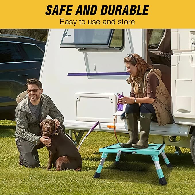 Nilight RV Step Stool Aluminum Folding Platform Steps 19x14.5 RV Steps 4 Levels Adjustable Heavy Duty Step Stool with Anti-Slip Surface Rubber Feet Portable Handle 500lb for Camper Trailer,Mint Green