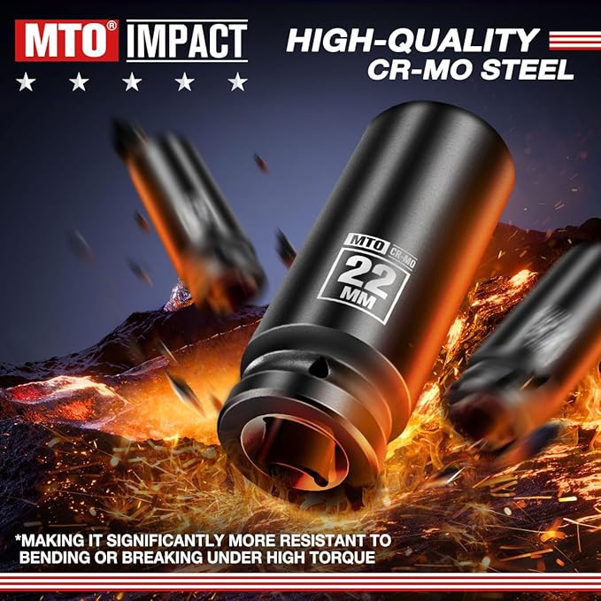 MTO 1/2" Drive 22mm Deep Impact Socket, 6 Pt. Metric Socket, CR-MO Steel & Anti-Corrosion Coating for Heavy-Duty Use