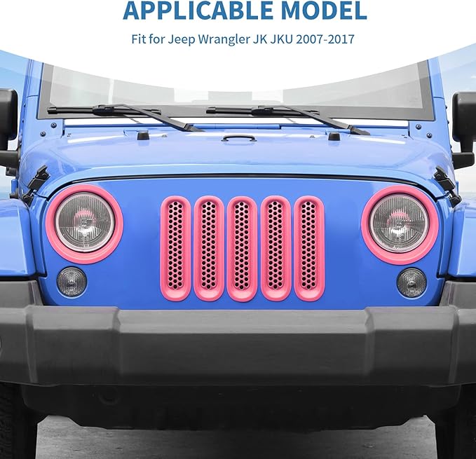 for Jeep JK Front Grille Inserts & Headlight Cover Trim Ring for Jeep Wrangler JK JKU 2007-2017 Pink Exterior Accessories 9pcs