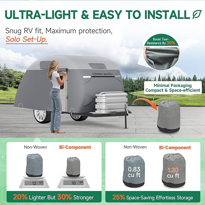 Umbrauto Teardrop Travel Trailer Cover Fits 10'-12' Trailers, 7 Layers Top Heavy Duty Waterproof Camper Cover with Windproof Strap for R-Pod Trailers, Clamshell Trailers
