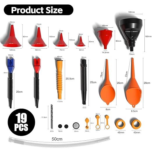 KJE 19 Pcs Automotive Funnel Set, Spout Replacements, Plastic Wide Mouth Transmission Funnels, Flexible Oil Funnel Kit for Automotive Use