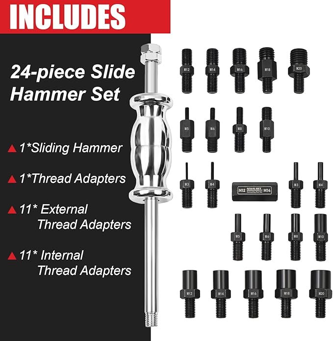 24-Piece Slide Hammer Set, Dowel Pin Puller - Remove Bushings, Bearings, Dowel Pins, Seals, and Frozen Parts with Attachments