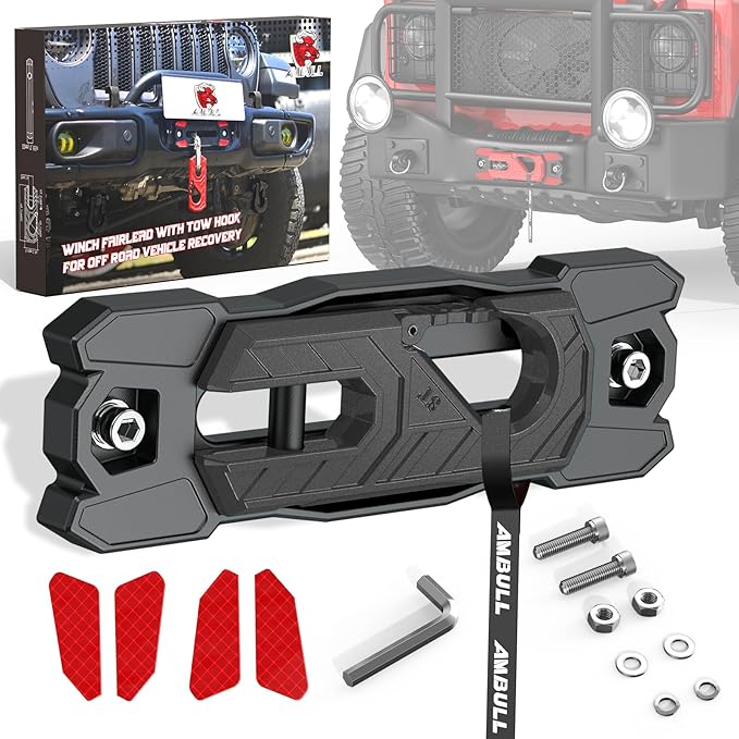 Winch Fairlead with Tow Hook, Aluminum Hawse Fairlead with Grade 80 Forged Steel Winch Hook, 33000lb Break Strength Winch Fairlead Hook Set for Off-Road Vehicle Recovery, BlackBlack