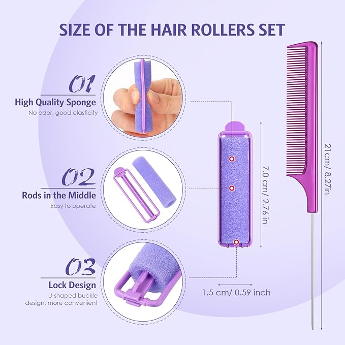 Syhood 43 Pcs Foam Sponge Hair Rollers Women 0.59 Inch Soft Sleeping Curlers Flexible Sponge Curler Tool and Rat Tail Comb for Hair Styling Hairdressing Overnight Curl and Volume(Purple)