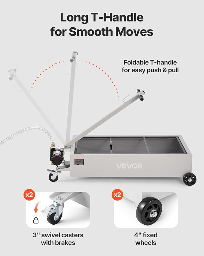 VEVOR Low Profile Oil Drain Pan, 20 Gallon Capacity, Rolling Oil Drain Pan with Electric Pump, 7.2 ft Hose & T Folding Handle, Leak-proof & Corrosion-resistant, Fit for Cars, SUVs, Trucks, ATVs, White
