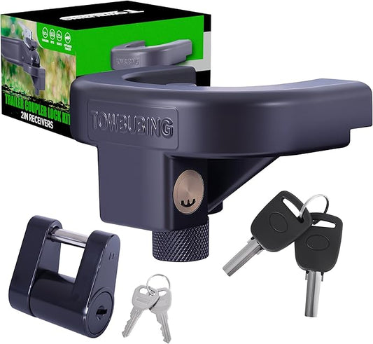 Trailer Hitch Lock Kit (for 2" Trailers) Heavy Duty Anti Theft Trailer Coupler Locks for RV, Camper, Trailer, Boat, Caravan - Reinforced Solid Steel Tow Lock for Trailer Tongue (2in)