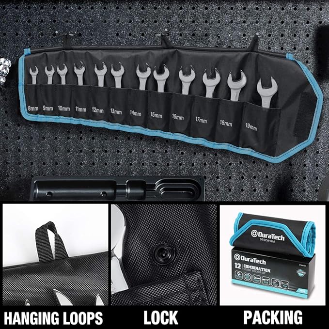 DURATECH Stubby Combination Wrench Set, Metric, 12-Piece, 8-19mm, 12 Point, CR-V Steel, with Rolling Pouch