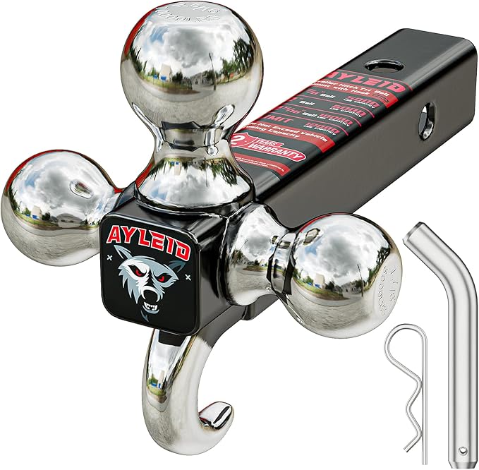 Ayleid Trailer Hitch Tri-Ball Mount with Hook & Pin Balls Sized 1-7/8, 2 & 2-5/16 inches, Tow Hitch, Silver