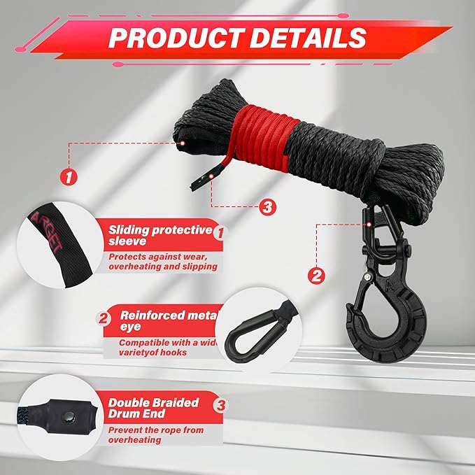 TYT Off-Road Winch Rope Kit - 1/4''x50', 10000 Lbs Black Synthetic Cable with Protective Sheath, Heavy-Duty Hook, Safety Pull Strap & Rubber Stopper Ideal for 4WD ATV UTV Vehicles, Grey, (JPS1450IG)