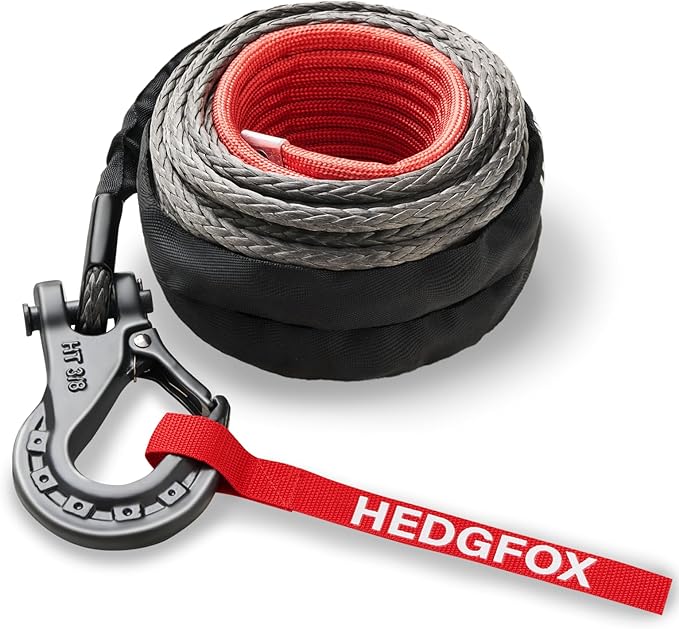 Synthetic Winch Rope Extension 3/8 inch x 80 feet with 24,000 Lbs Strength, Protective Sleeve, Heavy Duty Hook and Safety Pull Strap for Off Road Vehicle SUV Gray