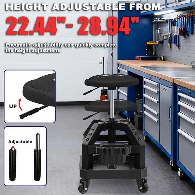 Rolling Shop Stool with Wheels, Heavy Duty Garage Work Mechanic Stool, Adjustable Height 22.44"-28.94", 360°Swivel Rolling Chair with Tool Tray Storage, 330 LBS Capacity, Black