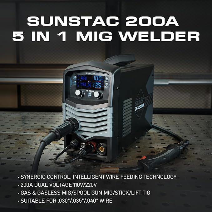 MIG Welder, 200A Duo Voltage 5 in 1 Aluminum MIG Welding Machine, MIG/Flux Core/Spool Gun/Lift TIG/Stick, IGBT Inverter Welder Synergic Control, Digital Display (NEW VERSION)
