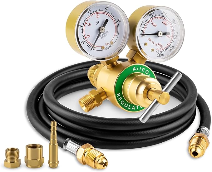 Argon Co2 Regulator, Welding Argon Gas Regulator for TIG and MIG, Dual Gauge Co2 Regulators with 6.6FT Welding Gas Hose, CGA580 Inlet Connection, 0-4000PSI Input Pressure