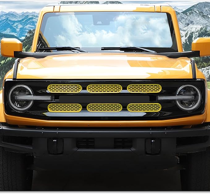 Front Grill Mesh Grille Inserts Cover Frame Trims Kit 6Pcs Fit for Ford Bronco 2021-2025+ 2/4 Door Exterior Accessories (Yellow)