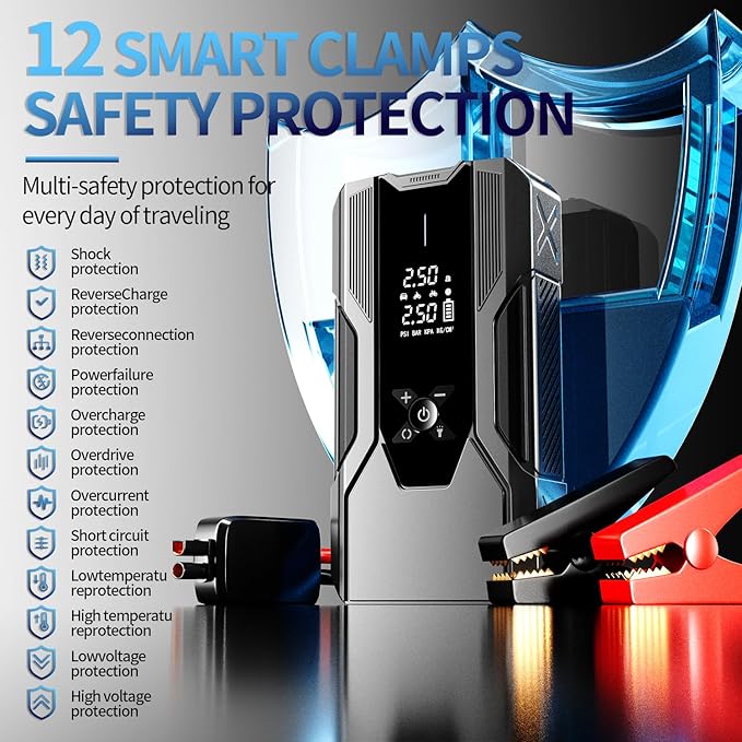 Emergency Portable Jump Starter with Air Compressor - 3000A 150PSI for Cars, Trucks & SUVs up to 9L Gas/7L Diesel, 12000mAh Portable Power Bank, -20°F Cold Start (Grey)