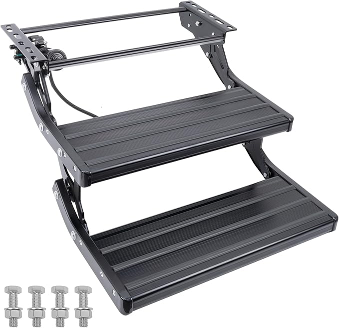 Electric RV Steps with LED Light, 2-Steps, 400 LBS Load Capacity, Foldable Aluminum Alloy Camper Steps, Thickened Steel Plate Trailer Steps, Non-Slip Design, Ideal for RV, Trailer, Camper, Black