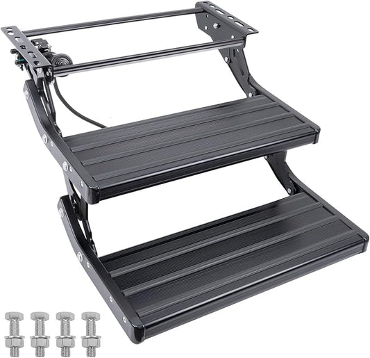 Electric RV Steps with LED Light, 2-Steps, 400 LBS Load Capacity, Foldable Aluminum Alloy Camper Steps, Thickened Steel Plate Trailer Steps, Non-Slip Design, Ideal for RV, Trailer, Camper, Black