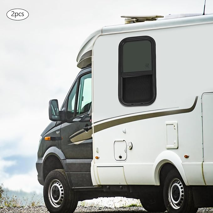 RV Window Teardrop Style 2Pack, 12" X 24" Universal RV Window Vertical Slide With 2 Trim Ring, Vertical Sliding Glass Window with Screen Window for Cargo, Horse Trailer (12" X 24" （2 pack）)