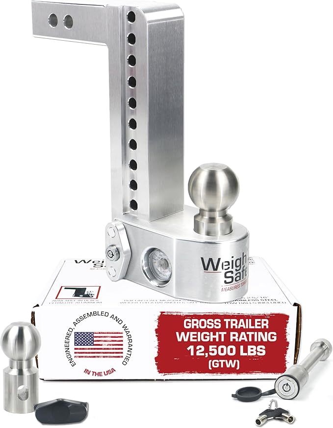 Weigh Safe Aluminum Adjustable Trailer Hitch - Towing Hitch with Built-In Tongue Weight Scale - Compatible with 2" Receivers - 10" Drop, Stainless Steel Tow Balls, 12,500 GTW, 2-Piece Lock Set