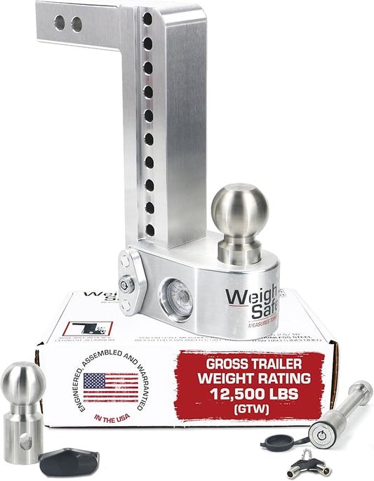 Weigh Safe Aluminum Adjustable Trailer Hitch - Towing Hitch with Built-In Tongue Weight Scale - Compatible with 2" Receivers - 10" Drop, Stainless Steel Tow Balls, 12,500 GTW, 2-Piece Lock Set