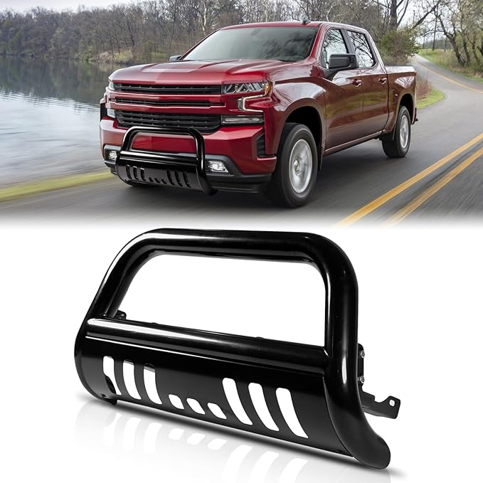 Bull Bar Compatible fit for Chevy Silverado 1500/GMC Sierra 1500 2019-2025 Front Bumper Guard 3" Tubing Brush Grille Guard Truck Protector Push Bar with Skid Plate Black