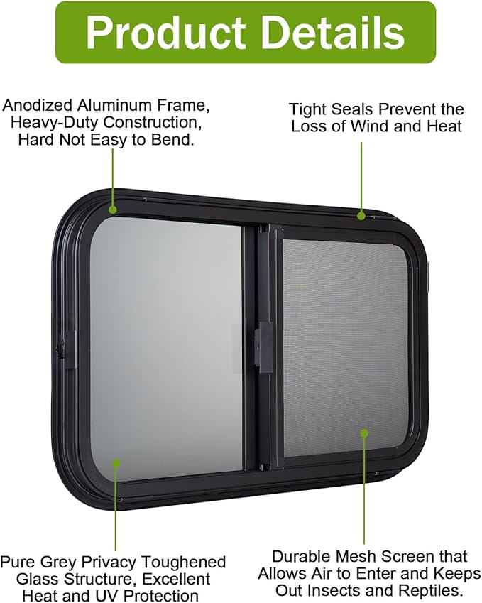 RV Window | 24" W x 15" H | Teardrop Style | Horizontal Sliding Replacement Glass &Trim Set | DOT Certification Qualified