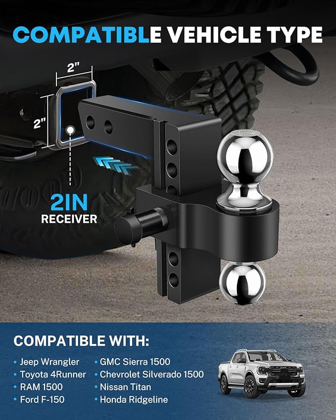 Kohree 6 Inch Adjustable Trailer Hitch Fit 2 Inch Receiver, Drop & Rise Heavy Duty Aluminum Tow Hitch with 2" Hitch Tightener & 2 Anti-Theft Locking Hitch Pins, Dual Ball 2" & 2-5/16"(12,500 LBS GTW)