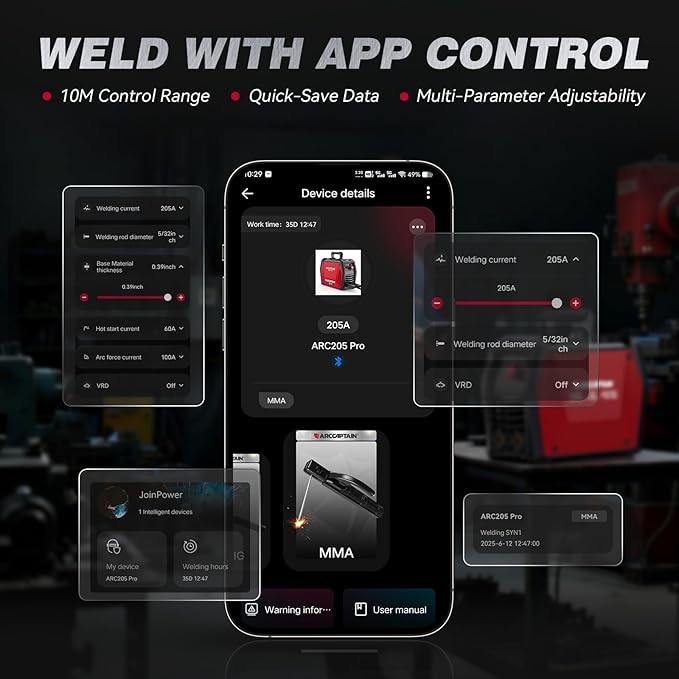 ARCCAPTAIN iControl ARC205 Pro Stick Welder with Lift TIG Torch, [APP Control] 205Amp ARC/Lift TIG Welding Machine, Large LED Display, IGBT Inverter 120V/240V MMA Welder with Hot Start, Arc force