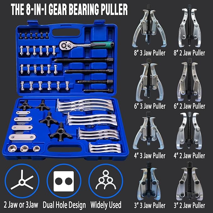 8 in 1 Gear Puller Set, 3" 4" 6" 8" Bearing Pulley Puller Kit, Cr-V Steel 2 Jaw & 3 Jaw Gear Puller with Reversible Jaws, 72Pcs Puller Tool Set, for Bearing Gear Pulley Flywheel Removal