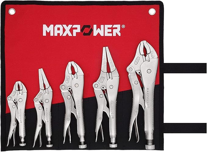 MAXPOWER 5-Piece Locking Pliers Set, Long Nose Pliers 9 Inch and 6 Inch, Curved Jaw Locking Plier 10 Inch 7 Inch and 5-Inch (Kitbag Included)