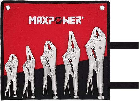MAXPOWER 5-Piece Locking Pliers Set, Long Nose Pliers 9 Inch and 6 Inch, Curved Jaw Locking Plier 10 Inch 7 Inch and 5-Inch (Kitbag Included)