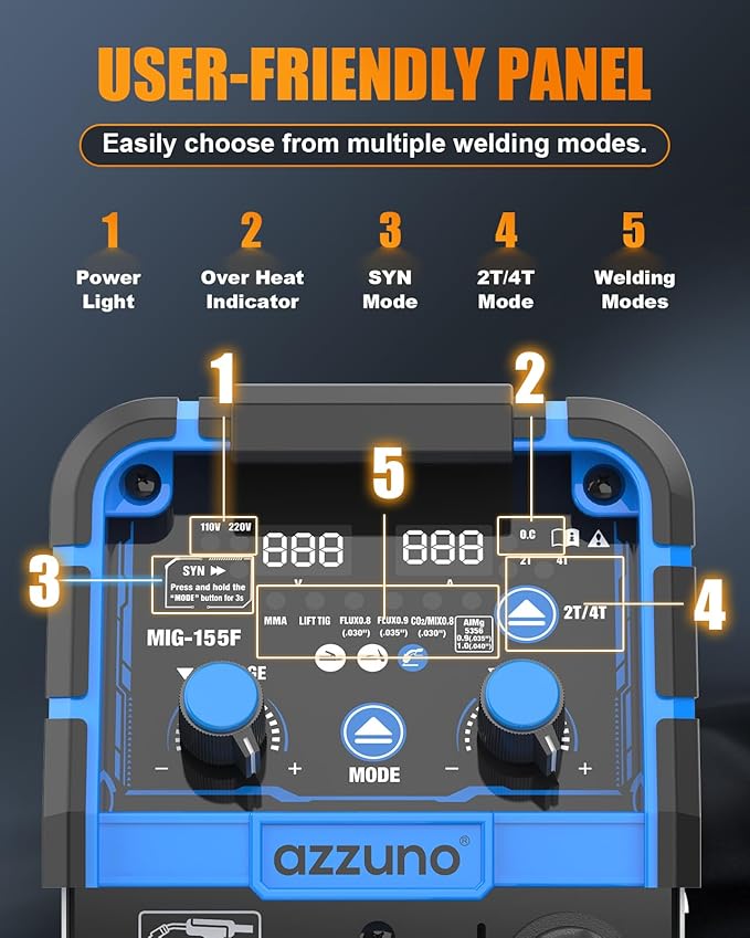 AZZUNO MIG Welder Machine 110V/220V, 155Amp 5-in-1 Gas MIG/Aluminum MIG/Gasless Flux MIG/Lift TIG/Stick Welding Machine, Upgraded Wire Feed Welder