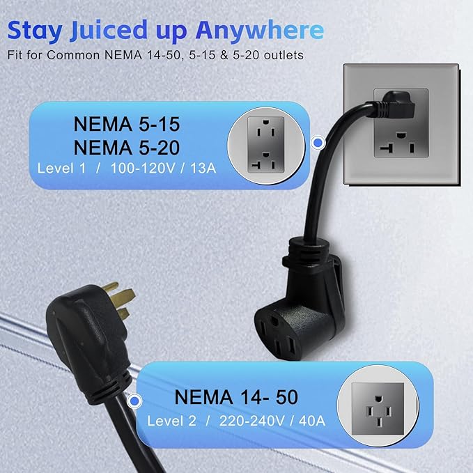 40 Amp J1772/Tesla Level 2/1 Portable EV Charger with 25FT Cable, 240V NEMA 14-50 Plug & 120V NEMA 5-15 Adapter, J1772 car Connector & Tesla NACS Adapter as Tesla Charger