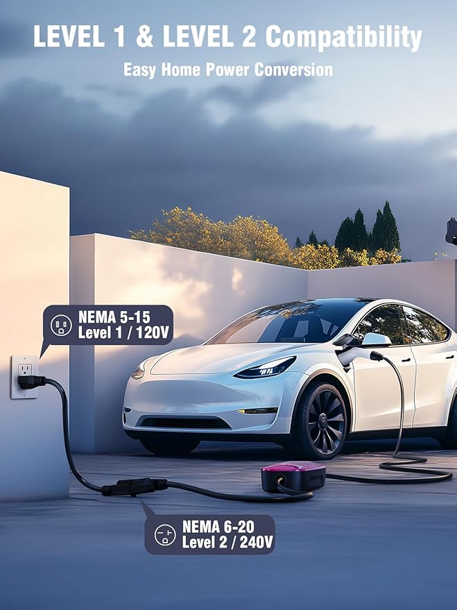 2025 New Level 1 & 2 EV Charger (16Amp, 110V-240V, 23Ft Cable) Portable AI Fast Charger Equipment, Charging for J1772 Electric Vehicle, Hybrids, Model with A NEMA 6-20P Mobile Car(NOT for Tesla)