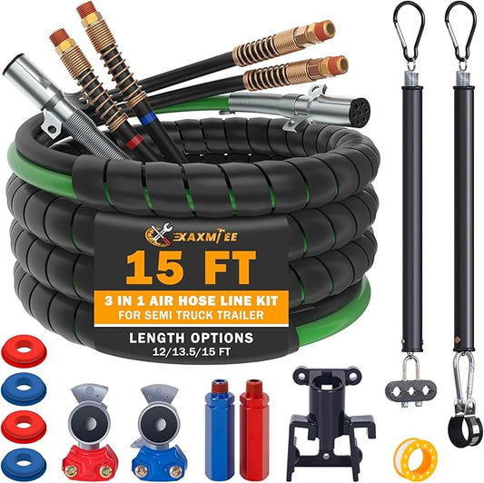 15 FT Semi Truck Air Lines Kit with 2 Pcs Tender Spring Kit and Glad Hands with Gladhand Holder & Handles 3IN1 Trailer Cord and Air Hoses Kit for Truck Trailer Tractor