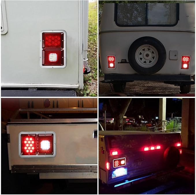 Partsam 2x Horizontal Mount Dual Stop Turn Tail Backup Reverse Lights 33 LED Surface Mount RV Double Led Taillight 12V IP67 White Base w Gasket