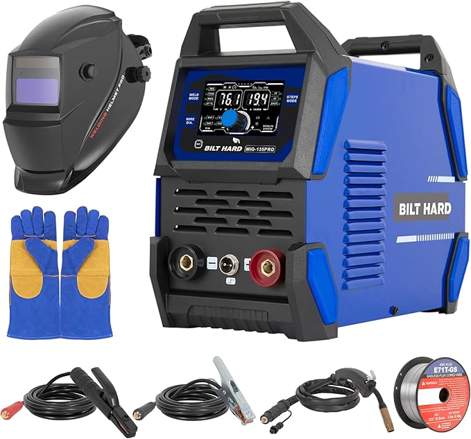 BILT HARD 135A 3-in-1 IGBT Inverter Welder, 110V Flux Core MIG/Lift TIG/Stick Welding Machine with Synergic Control, LED Display, 2T/4T/SPOT Modes & Full Kit (Solar Helmet, Gloves)