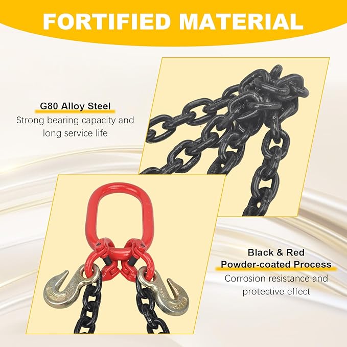 3' x 3/8" G80 V-Chain Bridle w/ 15” J Hooks and Grab Hooks, 7100lbs Safe Working Load Towing Hooks for Flatbed Truck Wrecker Recovery