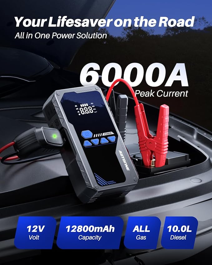 AUTOONE 6000A Jump Starter with Air Compressor (All Gas/10L Diesel), 150PSI Car Jumper Starter Portable, Jump Box Tire Inflator with LED Flashlight, LCD Display, Storage Case