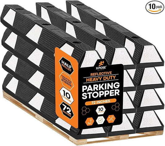 Xpose Safety 72" Heavy Duty Rubber Parking Stopper – 10 Pack Wheel Blocks for Garage, Driveway, or Ramp – Car Bumper Stop with White Reflective Strips – Removable Floor Mount