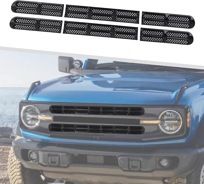 Jimen for Bronco Grille Inserts, 6 Pack Front Mesh Grill Cover Guard Exterior Trim Accessories Compatible with Ford Bronco 2021-2024 (Glossy Black)