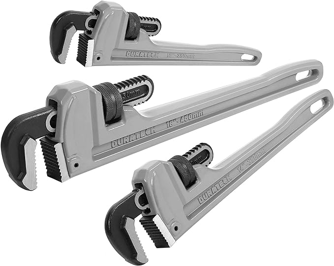 DURATECH 3-Piece Heavy Duty Aluminum Straight Pipe Wrench Set, 10", 14", 18", Adjustable Plumbing Wrench Set, Drop Forged, Exceed GGG standard